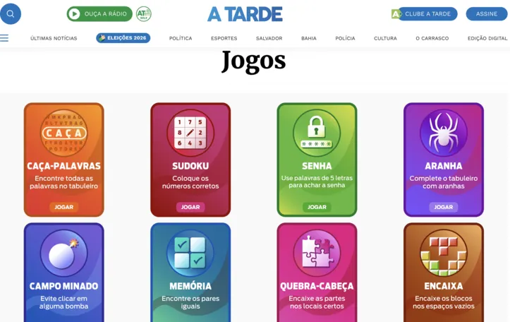 Imagem ilustrativa da imagem Portal A TARDE lança plataforma de jogos gratuitos e resgata nostalgia dos passatempos