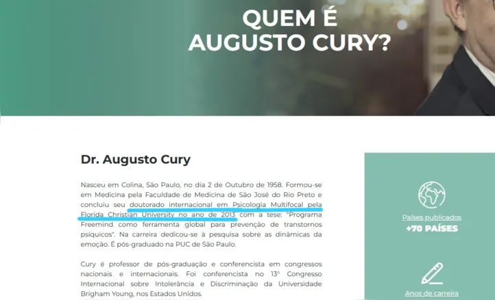 Site de Augusto Cury com a informação de doutorado em Psicologia