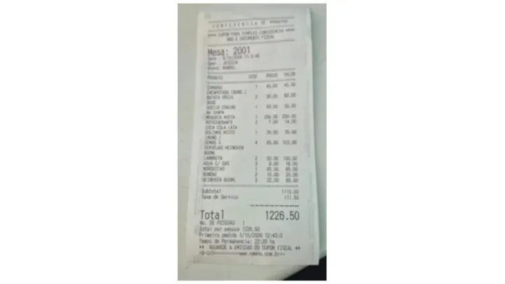 Comanda do restaurante com conta de R$ 1.226,50