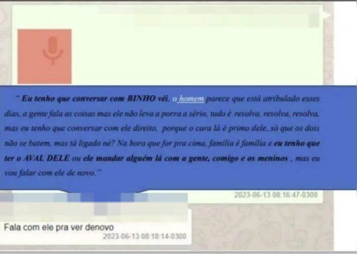 Diálogos entre capangas de Binho Galinha na Organização Criminosa em junho de 2023