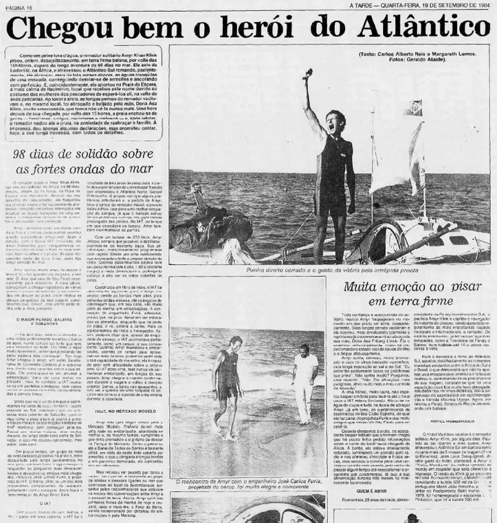 Reportagem do A TARDE sobre a chegada de Amyr Klink