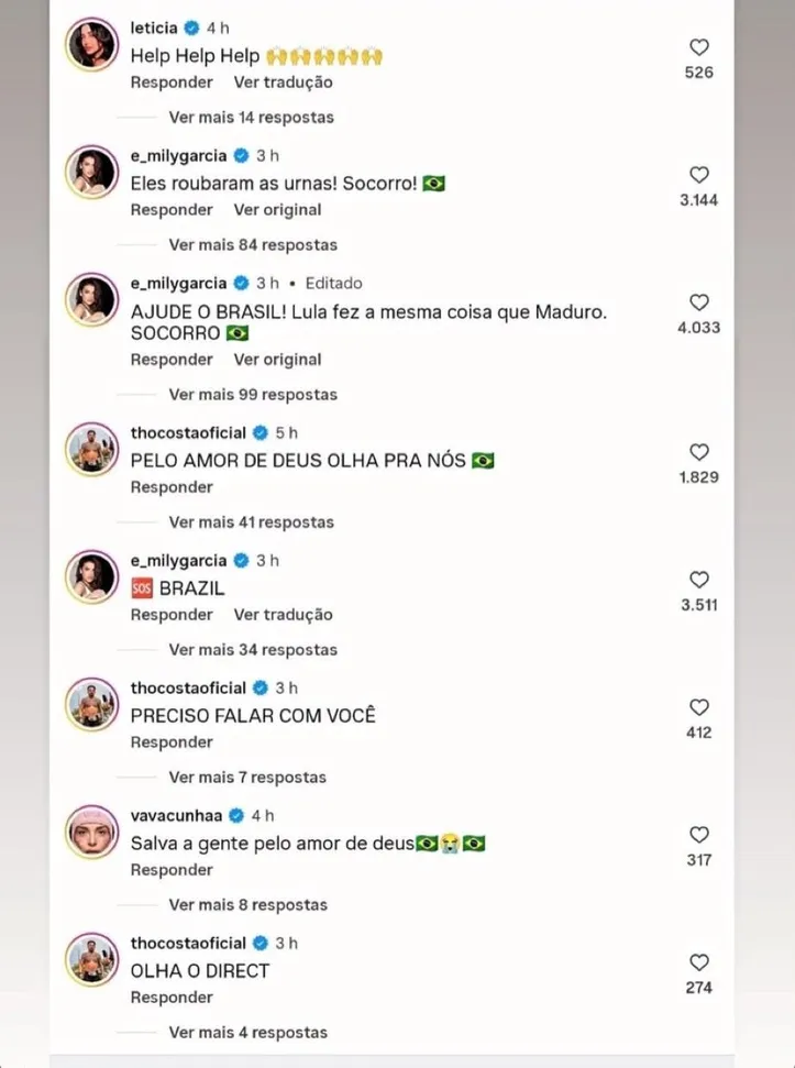 Print das mensagens deixadas pelos famosos no post de trump