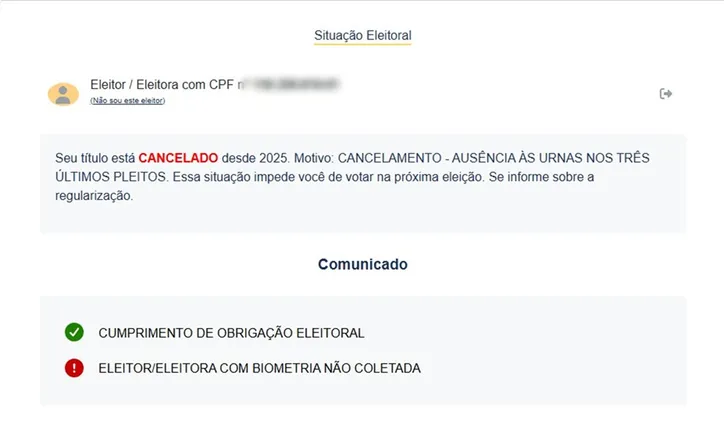Dados do Tribunal Superior Eleitoral confirmam o cancelamento desde 2025