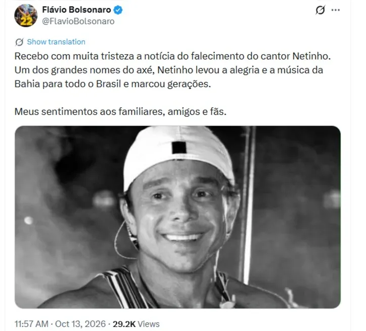 Imagem ilustrativa da imagem Flávio Bolsonaro lamenta morte de Netinho: "Marcou gerações"