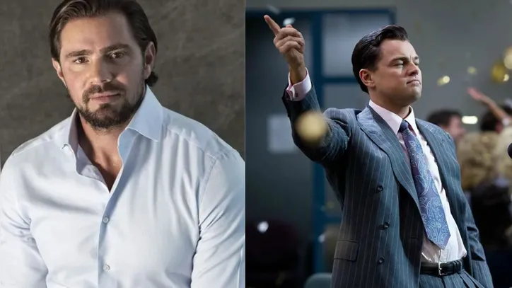 Daniel Vorcaro e Leonardo DiCaprio interpretando Jordan Belfort