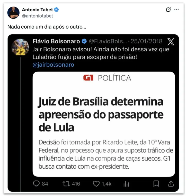 Senador escreveu que Lula tentava fugir da prisão após Justiça determinar apreensão de passaporte