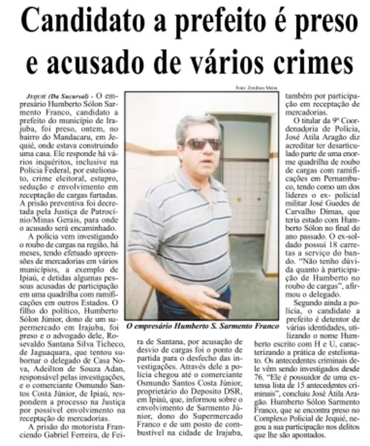 Jornal A TARDE informa sobre prisão de candidato em Irajuba
