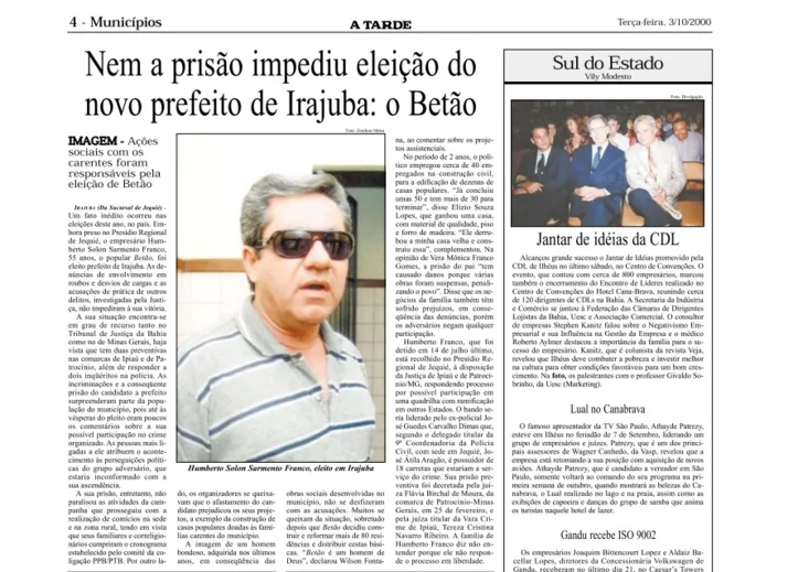 Jornal A TARDE repercute eleição de Betão em Irajuba