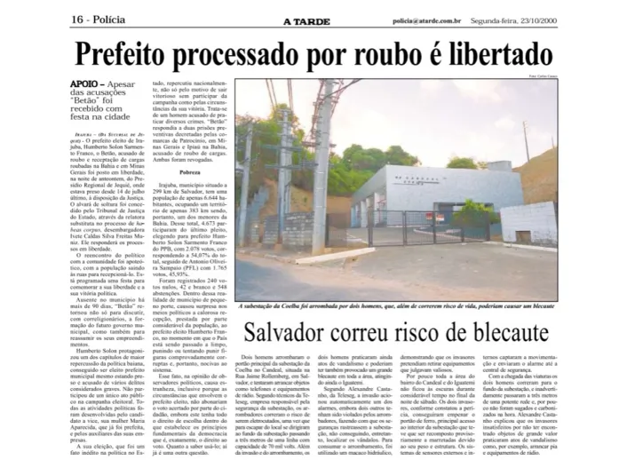 Jornal A TARDE noticia soltura do prefeito eleito em Irajuba