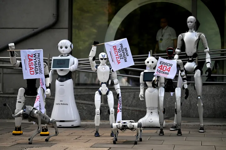 Rob&ocirc;s humanoides e quadr&uacute;pedes participam de manifesta&ccedil;&atilde;o