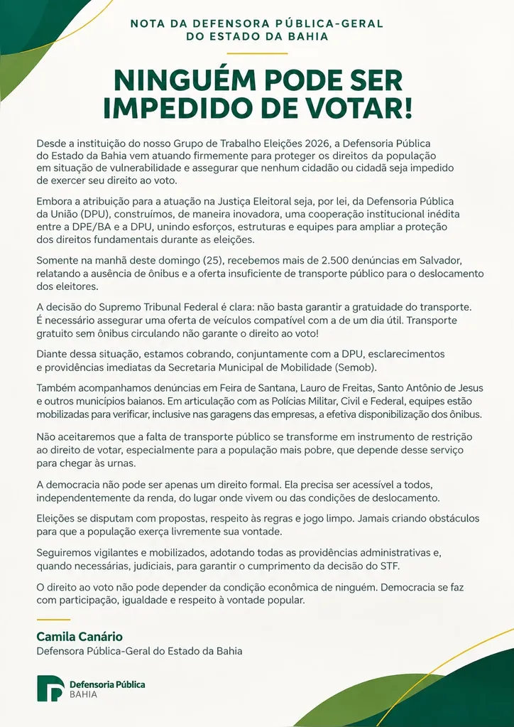 Nota da Defensoria Pública -Geral do Estado da Bahia