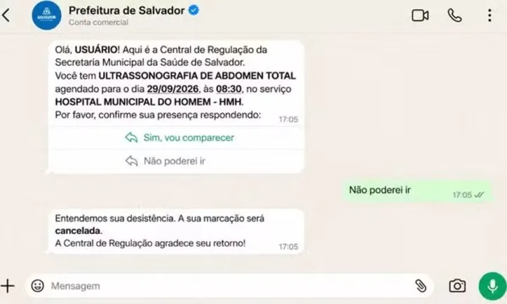 Imagem ilustrativa da imagem Secretaria de Saúde de Salvador passa a confirmar consultas e procedimentos pelo Whatsapp