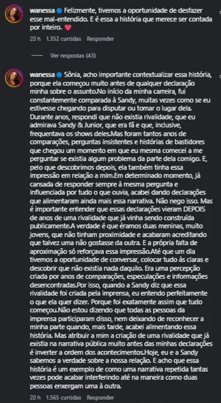 Imagem ilustrativa da imagem Wanessa Camargo admite ter alimentado rivalidade com Sandy: "Não nego"